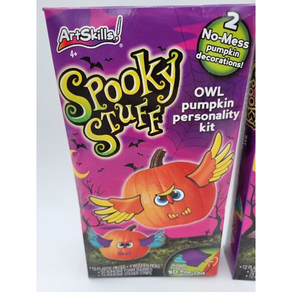 Set Of 2 Spooky Stuff No Mess Pumpkin Decorating Kits Bat & Owl - Picture 2 of 6